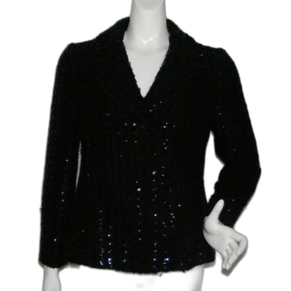 Vintage TEAL TRAINA Jacket, S, Black Boucle, Sequins, Snap front, Lapel Collar